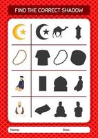 Find the correct shadows game with ramadan icon. worksheet for preschool kids, kids activity sheet vector