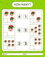 How many counting game with elf. worksheet for preschool kids, kids activity sheet vector