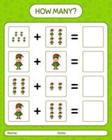 How many counting game with elf. worksheet for preschool kids, kids activity sheet vector