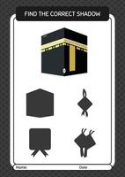 Find the correct shadows game with kaaba. worksheet for preschool kids, kids activity sheet vector