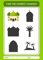 Find the correct shadows game with mosque. worksheet for preschool kids, kids activity sheet vector