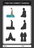 Find the correct shadows game with praying. worksheet for preschool kids, kids activity sheet vector