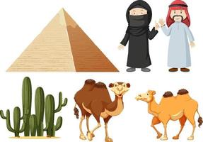 Arabic people with camels and cactus plant vector