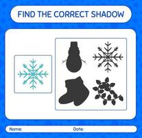 encuentra el juego de sombras correcto con copo de nieve. hoja de trabajo para niños en edad preescolar, hoja de actividades para niños vector