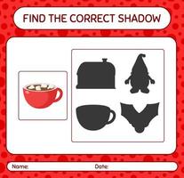 encuentra el juego de sombras correcto con malvavisco en chocolate caliente. hoja de trabajo para niños en edad preescolar, hoja de actividades para niños vector