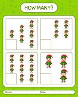 How many counting game with elf. worksheet for preschool kids, kids activity sheet vector