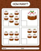 How many counting game with christmas cake. worksheet for preschool kids, kids activity sheet vector