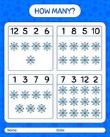 How many counting game with snowflake. worksheet for preschool kids, kids activity sheet vector