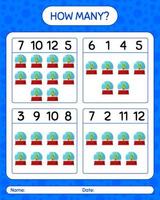 How many counting game with glass snow ball. worksheet for preschool kids, kids activity sheet vector