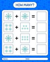 How many counting game with snowflake. worksheet for preschool kids, kids activity sheet vector