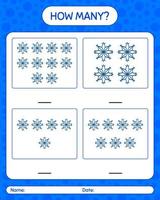 How many counting game with snowman. worksheet for preschool kids, kids activity sheet vector