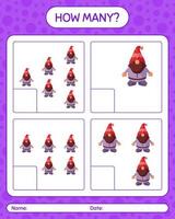 How many counting game with gnome. worksheet for preschool kids, kids activity sheet vector