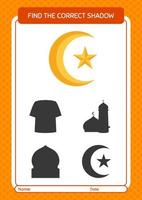 Find the correct shadows game with moon and star. worksheet for preschool kids, kids activity sheet vector