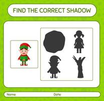 Find the correct shadows game with elf. worksheet for preschool kids, kids activity sheet vector