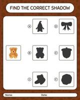 encuentra el juego de sombras correcto con el oso de peluche. hoja de trabajo para niños en edad preescolar, hoja de actividades para niños vector