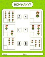 How many counting game with elf. worksheet for preschool kids, kids activity sheet vector