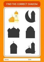 Find the correct shadows game with mosque. worksheet for preschool kids, kids activity sheet vector