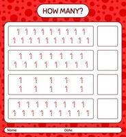 How many counting game with candy cane. worksheet for preschool kids, kids activity sheet vector