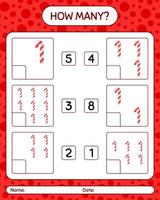 How many counting game with candy cane. worksheet for preschool kids, kids activity sheet vector