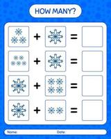 How many counting game with snowflake. worksheet for preschool kids, kids activity sheet vector