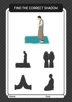 Find the correct shadows game with praying. worksheet for preschool kids, kids activity sheet vector