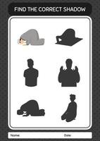 Find the correct shadows game with praying. worksheet for preschool kids, kids activity sheet vector