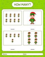 How many counting game with elf. worksheet for preschool kids, kids activity sheet vector