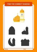 Find the correct shadows game with mosque. worksheet for preschool kids, kids activity sheet vector