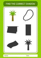 Find the correct shadows game with palm tree. worksheet for preschool kids, kids activity sheet vector