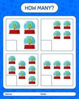 How many counting game with glass snow ball. worksheet for preschool kids, kids activity sheet vector