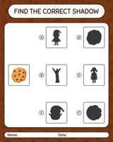 Find the correct shadows game with cookie. worksheet for preschool kids, kids activity sheet vector