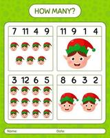 How many counting game with elf. worksheet for preschool kids, kids activity sheet vector