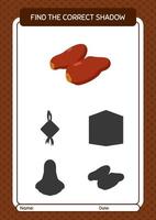 Find the correct shadows game with dates fruit. worksheet for preschool kids, kids activity sheet vector