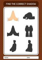 Find the correct shadows game with praying. worksheet for preschool kids, kids activity sheet vector