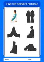 Find the correct shadows game with praying. worksheet for preschool kids, kids activity sheet vector