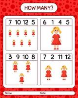 How many counting game with doll. worksheet for preschool kids, kids activity sheet vector