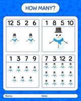 How many counting game with snowman. worksheet for preschool kids, kids activity sheet vector