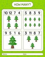 How many counting game with pine tree. worksheet for preschool kids, kids activity sheet vector