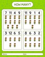 How many counting game with elf. worksheet for preschool kids, kids activity sheet vector