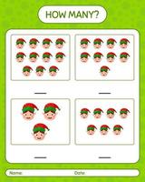 How many counting game with elf. worksheet for preschool kids, kids activity sheet vector