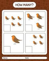cuántos juegos de conteo con robin bird. hoja de trabajo para niños en edad preescolar, hoja de actividades para niños vector