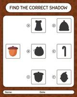 Find the correct shadows game with acorn. worksheet for preschool kids, kids activity sheet vector