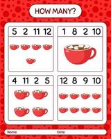 How many counting game with marshmallow on hot chocolate. worksheet for preschool kids, kids activity sheet vector