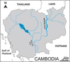 Map of Cambodia includes four regions Northwestern Cardamom and Elephant Mountains Mekong Lowlands and Eastern. Mekong River basin and Tonle Sap Lake. vector