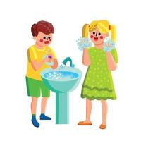 Boy And Girl Washing Soapy Hands In Sink Vector