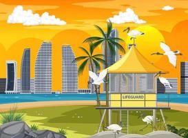 Beach city scene with lifeguard tower vector