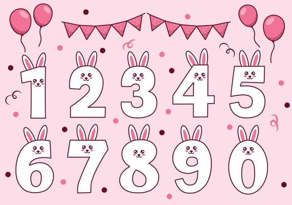 Cute bunny or rabbit collection with numbering for birthday party, kid education, ornament. Funny font