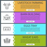 Agriculture web banner templates set. Cow head, barn building, eggs tray, wheat ears. Website color menu items with linear icons. Vector headers design concepts