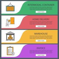 Cargo shipping web banner templates set. Intermodal container, home delivery, warehouse, invoice. Website color menu items. Vector headers design concepts