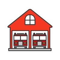 Fire station color icon. Firehouse. Garage with two fire trucks. Isolated vector illustration